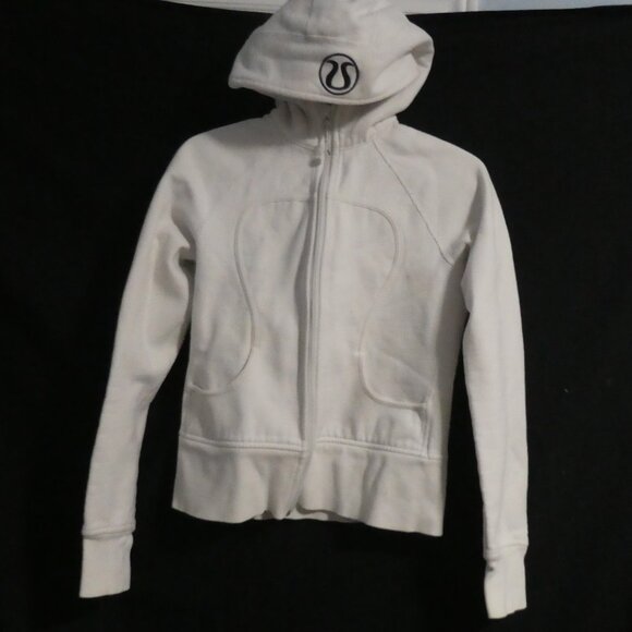 LULULEMON | size 4 | Classic White Scuba Hoodie With Black Omega logo on Hood - Picture 1 of 16